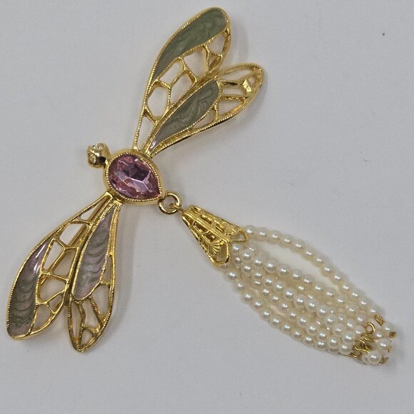 Vintage Avon Dragonfly Brooch Pink Stone Articulating Pearl Tassel - Picture 2 of 9